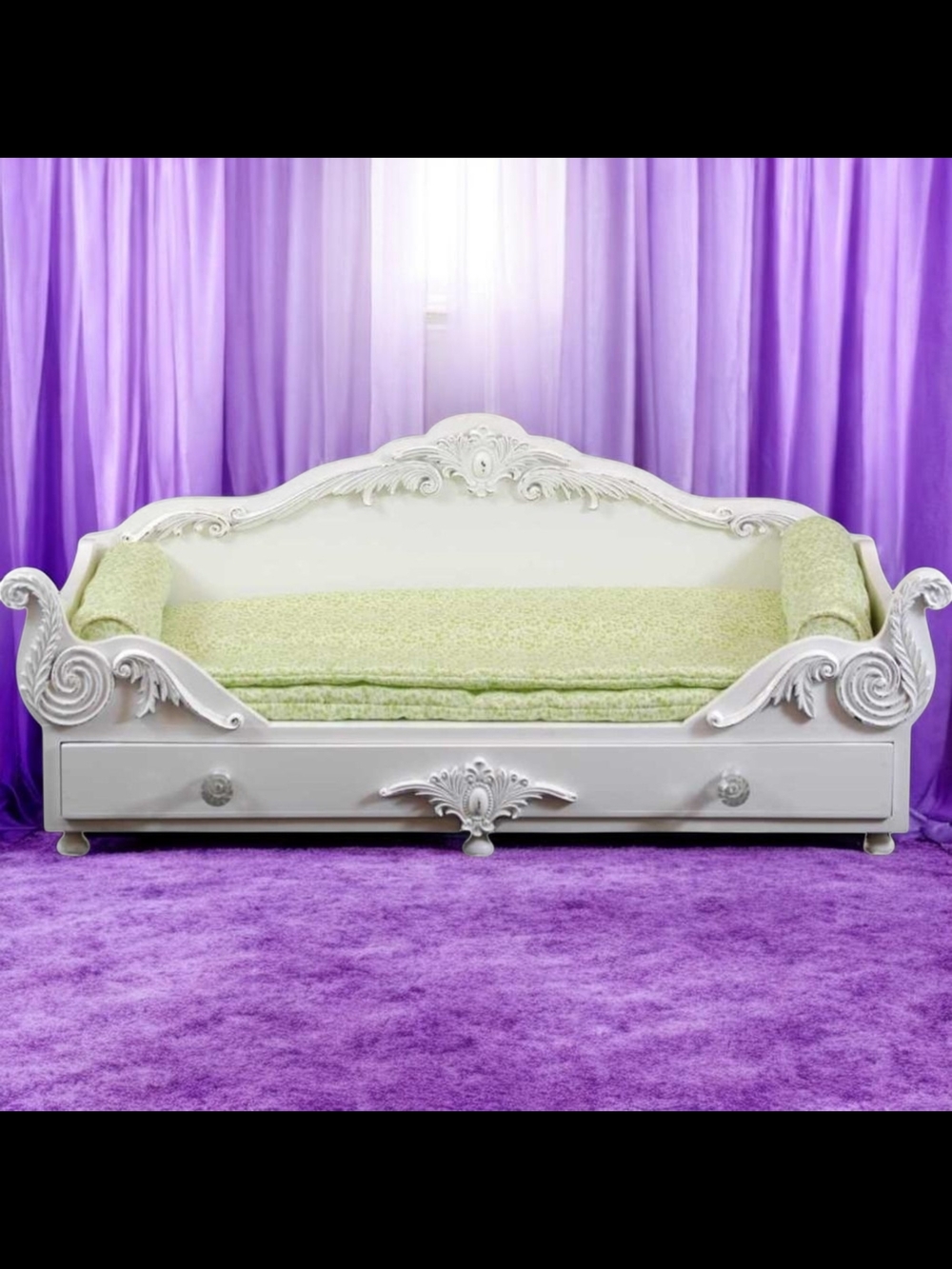 French Style Ornate 18" Doll Daybed Wooden with Celery Green Bedding